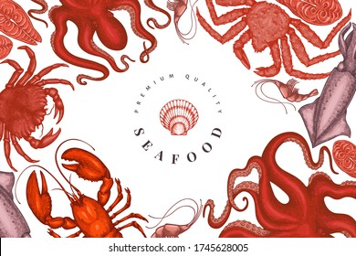 Seafood design template. Hand drawn vector seafood illustration. Engraved style food banner. Retro sea animals background