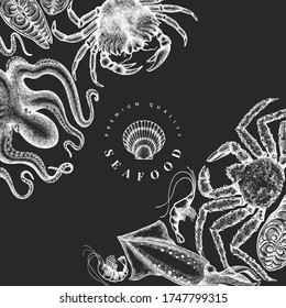 Seafood design template. Hand drawn vector seafood illustration on chalk board. Engraved style food banner. Retro sea animals background