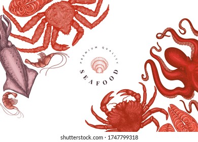 Seafood design template. Hand drawn vector seafood illustration. Engraved style food banner. Retro sea animals background