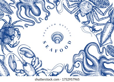 Seafood design template. Hand drawn vector seafood illustration. Engraved style food banner. Retro sea animals background