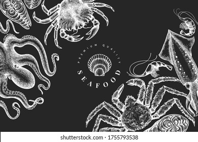 Muster für Meeresfrüchte. Handgezeichnete Vektorgrafik von Meeresfrüchten auf Kreide. Stilbanner für Lebensmittel. Retro-Seefischerei, Hintergrund