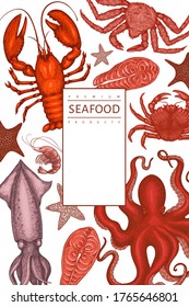 Seafood design template. Hand drawn vector seafood illustration. Engraved style food banner. Retro sea animals background