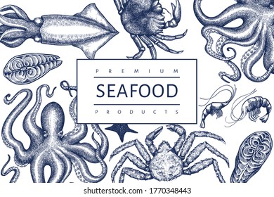 Plantilla de diseño de mariscos. Ilustración de mariscos vectoriales dibujada a mano. Pancarta de comida de estilo grabado. Fondo de animales de mar retro