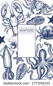 Plantilla de diseño de mariscos. Ilustración de mariscos vectoriales dibujada a mano. Pancarta de comida de estilo grabado. Fondo de animales de mar retro