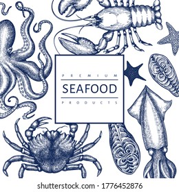 Plantilla de diseño de mariscos. Ilustración de mariscos vectoriales dibujada a mano. Pancarta de comida de estilo grabado. Fondo de animales de mar retro