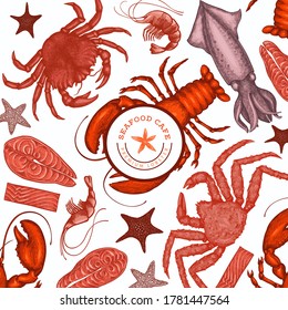 Plantilla de diseño de mariscos. Ilustración de mariscos vectoriales dibujada a mano. Pancarta de comida de estilo grabado. Fondo de animales marinos de época