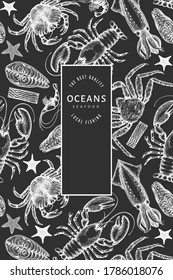 Seafood design template. Hand drawn vector seafood illustration on chalk board. Engraved style food banner. Retro sea animals background