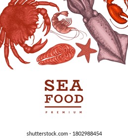 Seafood design template. Hand drawn vector seafood illustration. Engraved style food banner. Vintage sea animals background