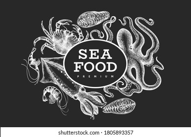 Seafood design template. Hand drawn vector seafood illustration on chalk board. Engraved style food banner. Retro sea animals background