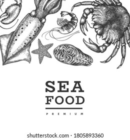 Plantilla de diseño de mariscos. Ilustración de mariscos vectoriales dibujada a mano. Pancarta de comida de estilo grabado. Fondo de animales marinos de época
