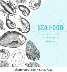 Seafood design template. Vector illustration with fish, lobster, shrimp, oysters and lemons. Engraved style image with sea food.