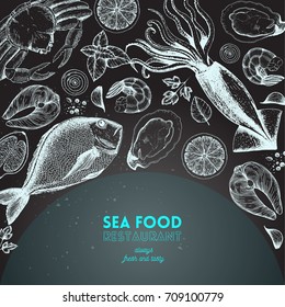 Seafood design template. Vector illustration with fish, squid,  crab, shrimp, oysters and lemons. Engraved style image with sea food.