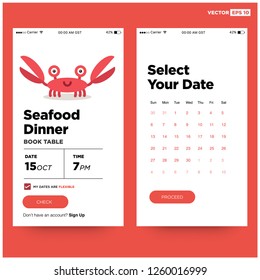 Seafood Dinner Book Table with Cute Crab Cartoon App UX and UI For Phone Screen