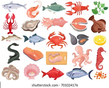 Seafood dinner menu items flat icons big set with crab crayfish oyster mollusk tuna salmon vector illustration 