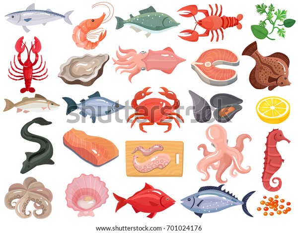 Seafood dinner\
menu items flat icons big set with crab crayfish oyster mollusk\
tuna salmon vector illustration\
