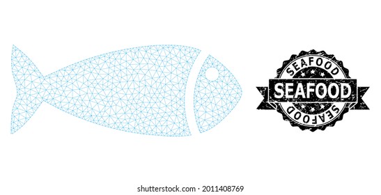 Seafood dirty stamp seal and vector fish mesh model. Black stamp includes Seafood text inside ribbon and rosette. Abstract flat mesh fish, built from flat mesh.