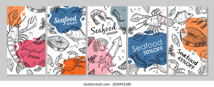 Seafood with discount price, vertical post design set, vector illustration. Fish, crab, octopus ingredient sketch at flyer collection. Ocean market banner with special offer, gourmet product.