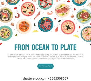 Seafood Dish Banner Design with Served Meal Vector Template