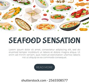 Seafood Dish Banner Design with Served Meal Vector Template