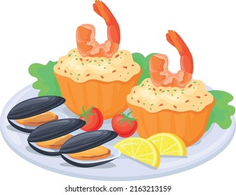 Seafood dish icon. Cartoon shrimp cake and mussels isolated on white background
