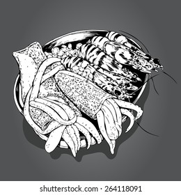 Seafood  dish illustration black and white