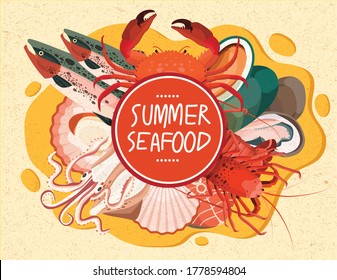 Seafood dish salmon fish crab shrimps squids shell shellfish summer platter beach street food