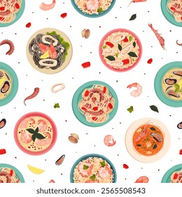 Seafood Dish Seamless Pattern Design with Served Meal Vector Template