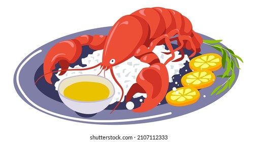 Seafood dish served with lemon slices and parsley or dill for refreshment. Isolated plate with crayfish and sauce. Lobster or crab, restaurant or cafe food. Asian or Mediterranean menu, vector