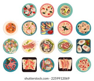 Seafood Dish Served on Plate Above View Big Vector Set