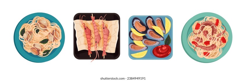 Seafood Dish Served on Plate Above View Vector Set