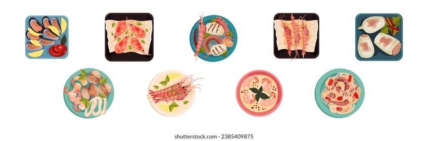 Seafood Dish Served on Plate Above View Vector Set