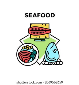 Seafood Dish Vector Icon Concept. Fish Fillet With Vegetables And Caviar Prepared Delicious Seafood Dish. Natural Fresh Ingredient For Cooking Sea Food Nutrition Color Illustration