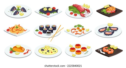 Seafood dishes. Festive fish meal asian japanese chinese traditional food cuisine, cartoon salmon steak crab meat sushi shrimp gourmet icons. Vector collection. Caviar, octopus and lobster