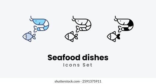 Seafood dishes Icons set thin line and glyph vector icon illustration