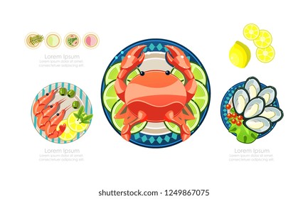Seafood dishes set, shrimps, lobster, oysters, marine products, caviar restaurant menu vector Illustration