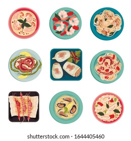 Seafood Dishes with Shrimps and Oysters Top View Vector Set