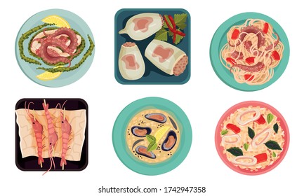 Seafood Dishes with Stuffed Squids and Shrimps Top View Vector Set