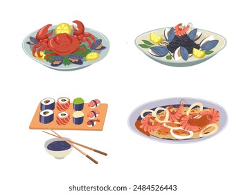 Seafood Dishes Vector Illustration isolated