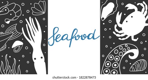 Seafood doodle background. Cafe, restaurant menu, flyer or poster with ocean products. Crab and shrimp, fish, oyster and octopus tentacles line vector white objects on black in chalk board style