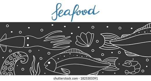 Seafood doodle background. Cafe, restaurant menu, flyer or poster with ocean products. Crab and shrimp, fish, oyster and octopus tentacles line vector white objects on black in chalk board style