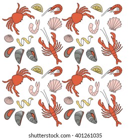 Seafood doodle icon background illustration