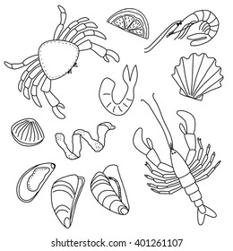 Seafood doodle icon background illustration