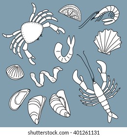 Seafood doodle icon background illustration