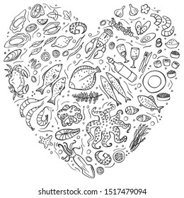 Seafood doodle on white background. Vector illustration. Perfect for menu or food package design. Heart composition.