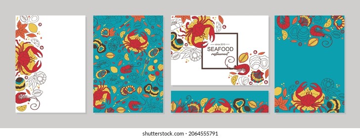 Seafood doodle restaurant menu with pattern. Hand sketched seafood fish and crab and shrimp and salmon, lobster, oyster. Poster, banner, postcard, menu for restaurant, cafe, bar.