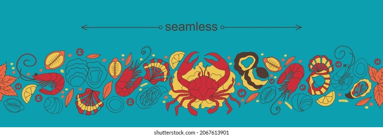 Seafood doodle seamless pattern. Modern seafood illustration. Hand sketched seafood fish and crab and shrimp. Poster, banner, postcard, card template for restaurant, coffee shop and cafe, bar