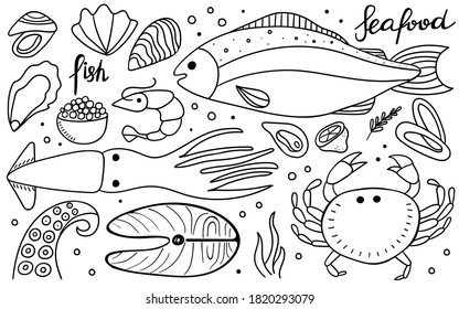 Seafood doodle set. Crab and shrimp, fish, oyster and octopus tentacles line hand drawn collection, ocean products for cafe restaurant menus goods packaging vector isolated objects