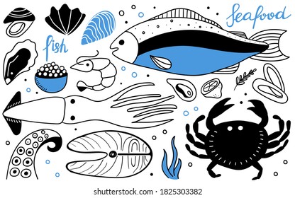 Seafood doodle set. Crab and shrimp, fish, oyster and octopus tentacles line hand drawn collection, ocean products for cafe restaurant menus goods packaging vector objects in black and blue colors