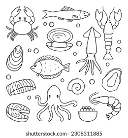 Seafood doodle set.  Octopus, lobster, fish, shrimp, oysters, crab, squid in sketch style. Hand drawn vector illustration isolated on white background