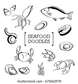 Seafood doodle set.Hand drawing styles of seafood.